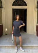 Osy Modal Yumuşak Dokulu Kumaş Parçalı Bisiklet Yaka T-shirt Mini Şortlu Etek İkili Takım - Füme resmi